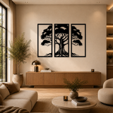 3-delige zwarte houten levensboom wanddecoratie boven dressoir in warme woonkamer