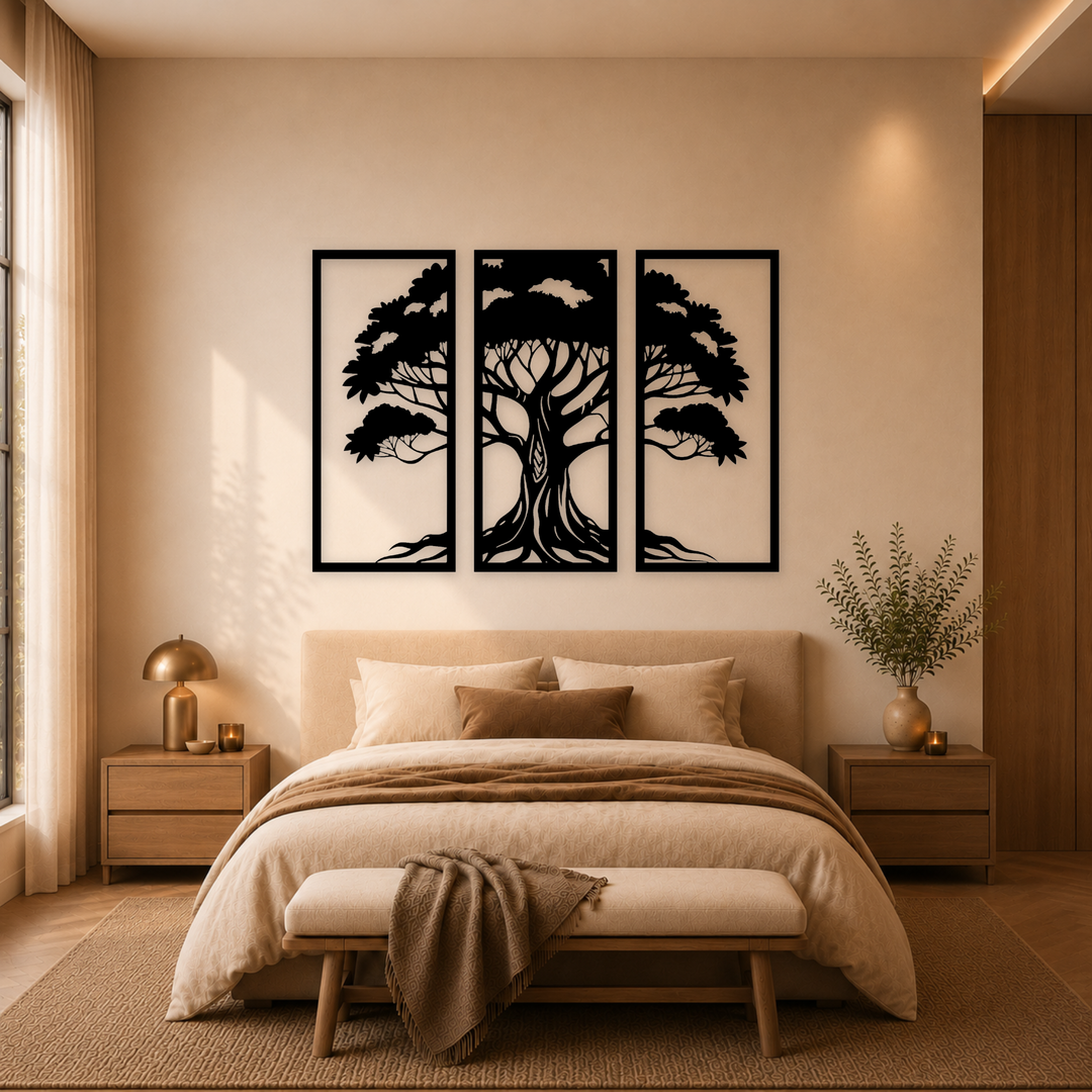 3-delige zwarte houten levensboom wanddecoratie boven bed in warme slaapkamer