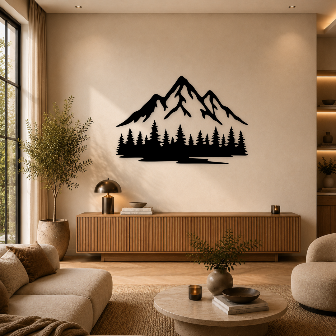 Zwarte houten berglandschap wanddecoratie boven dressoir in warme woonkamer