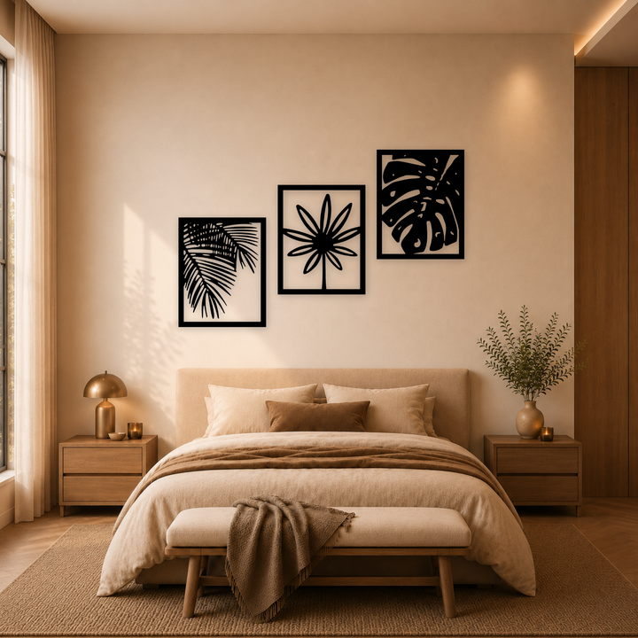 3-delige zwarte houten tropische planten wanddecoratie boven bed in warme slaapkamer