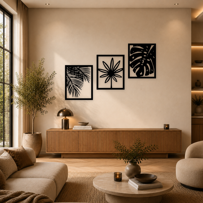 3-delige zwarte houten planten wanddecoratie boven dressoir in warme woonkamer