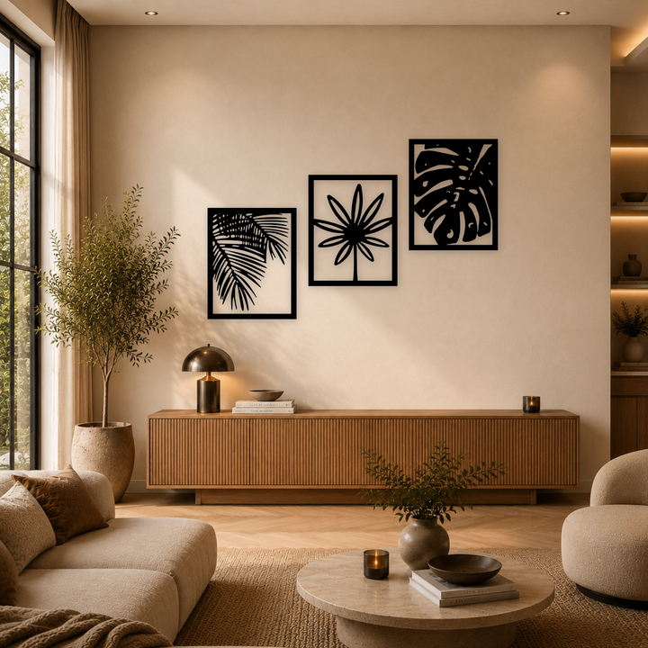 3-delige zwarte houten planten wanddecoratie boven dressoir in warme woonkamer