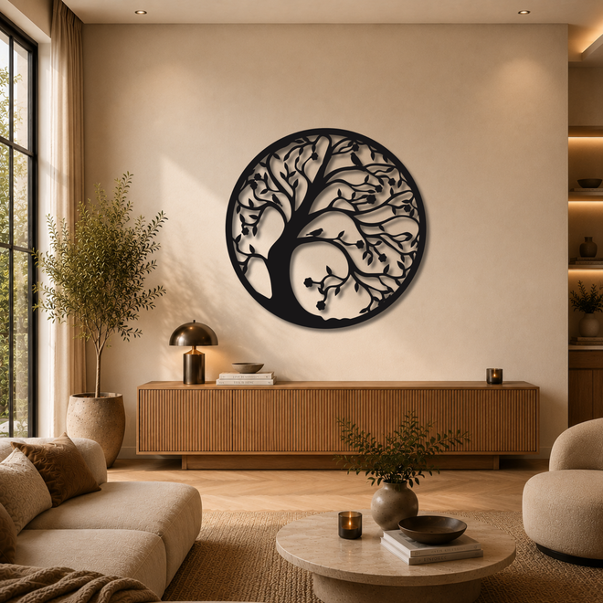 Zwarte ronde boom wanddecoratie boven houten dressoir in warme woonkamer