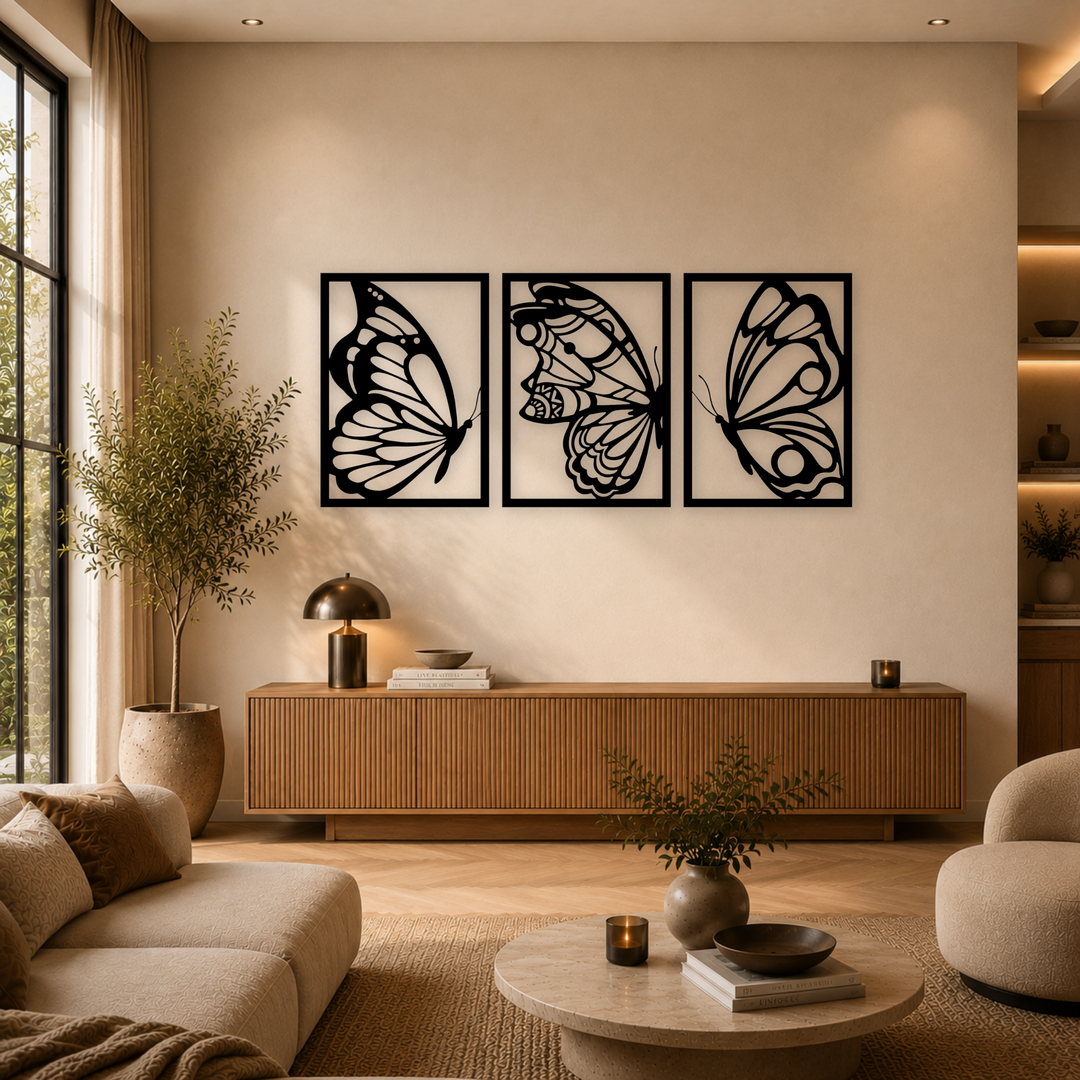 3-delige zwarte houten vlinder wanddecoratie boven dressoir in warme moderne woonkamer