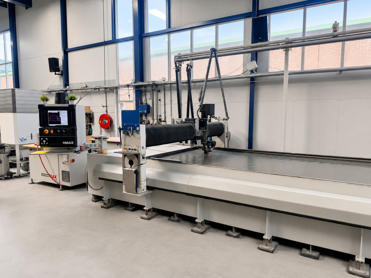 OMAX watersnijmachine in de Wandsfeer werkplaats waar houten wanddecoratie nauwkeurig wordt gesneden.